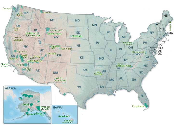 National Parks, Great Smoky Mountains, Grand Canyon, Yosemite, Rocky Mountain, Yellowstone, Zion, Olympic, Grand Teton, Acadia, Glacier, Cuyahoga Valley, Joshua Tree, Hawaii Volcanoes, Bryce Canyon, Hot Springs, Arches, Shenandoah, Mount Rainier, Haleakala, Death Valley, Everglades, Sequoia