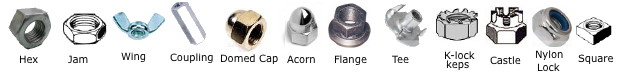 wing, hex, domed cap, acorn, tee