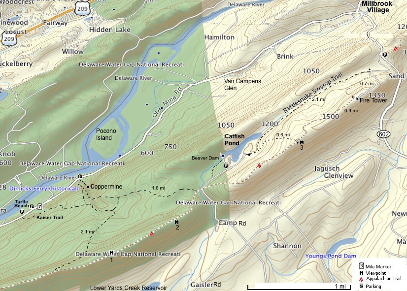 mohician outdoor center, catfish pond, Kaiser Trail, Rattlesnake Swamp Trail, Fire tower, Racoon Ridge, Van Campens Glen, Copermine Trail, Appalachian Trail