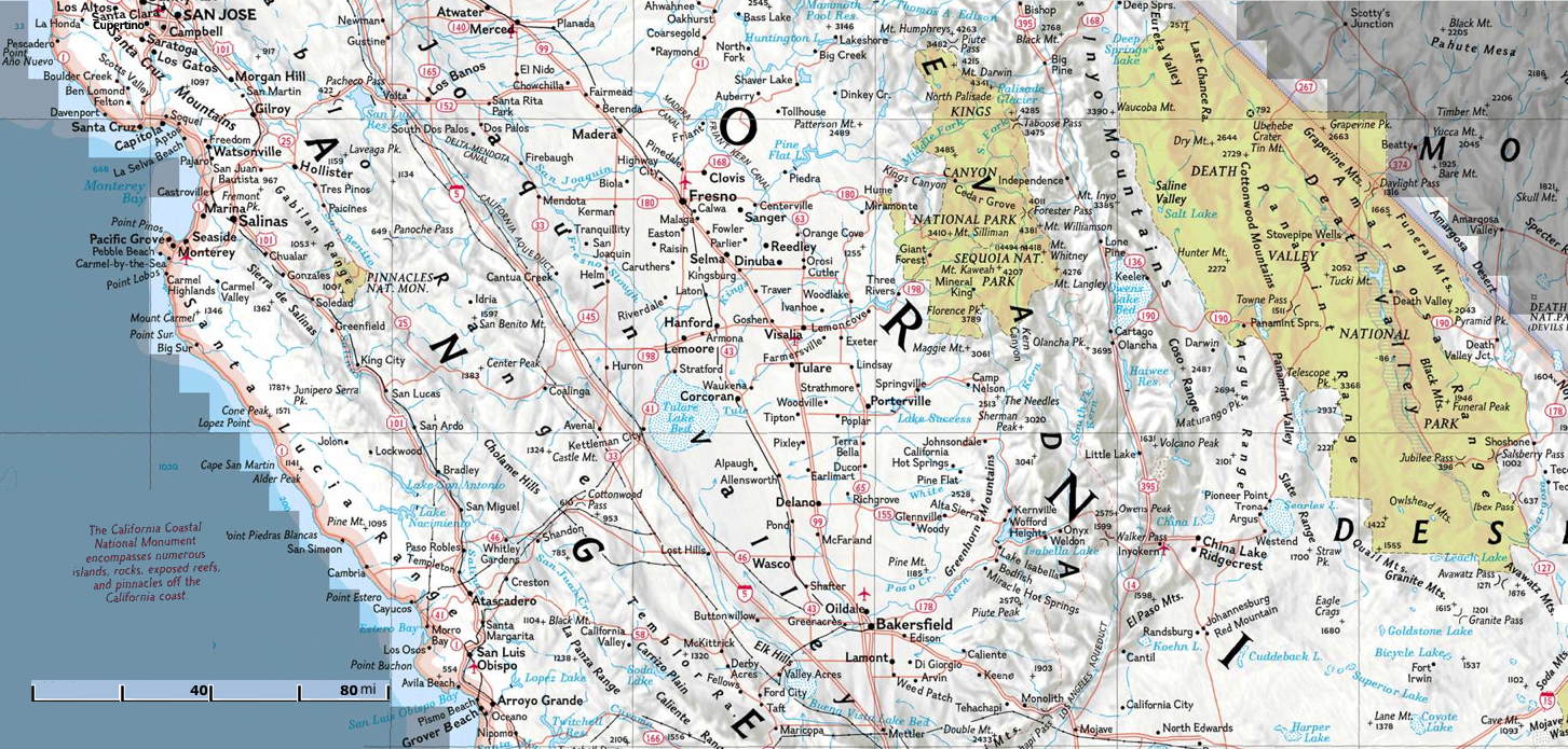 South Central California map, Sequoia National Park, Kings Canyon National Park, Death Valley National Park, Piute Pass, Bishop, Big Pine, Lone Pine, Merced, Madera, Visalia, Fresno, Bakersfield, San Luis Obispo, Pismo Beach, Carmel, Monterey, Pacific Grove, Watsonville, Salinas, Santa Cruz, San Jose