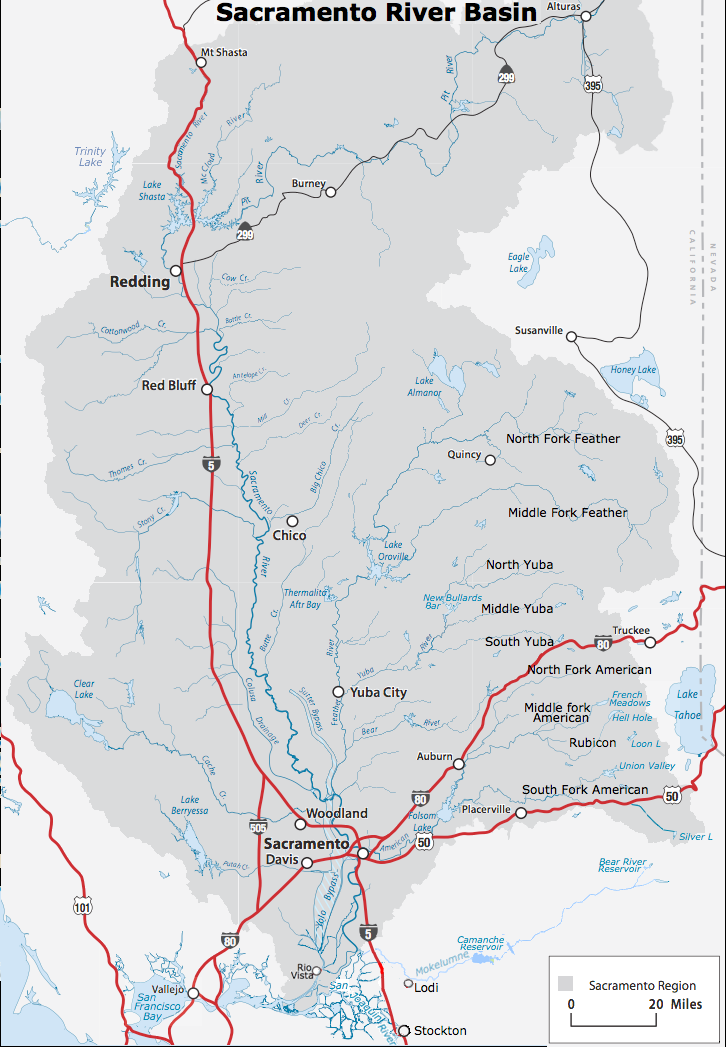 sacramento river, feather river, yuba river, american river, folsom lake, oroville lake, oroville dam, shasta lake, shasta dam, folsom dam, Mokelume