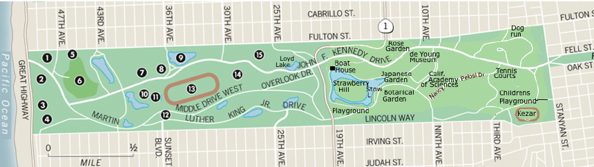 Golden Gate Park Map, de Young Museum, Japanese Tea Garden, California Academy of Sciences, Tennis courts, windmill, fly-casting pools