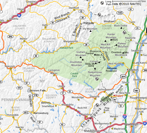 catskills, Shawangunks, Shawangunk ridge, East branch delaware river, west branch delaware river, skinners falls, Minnewaska State park, Mohonk, slide mountain, hunter mountain, windham, New Paltz, Kingston, I-87, Catskill park, long path