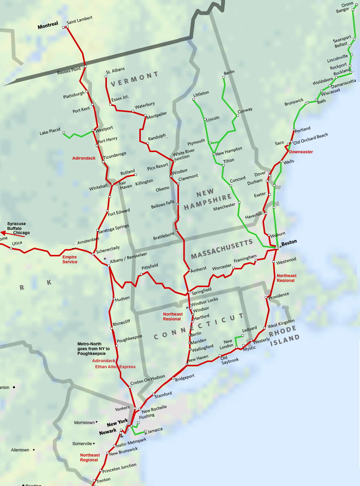 New england, North east, Amtrak Route Map, Bangor, Rockport, Brunswick, Portland, Saco, Old Orchard Beach, Dover, Durham, Exeter, Haverhill, Woburn, Boston, Westwood, Proficence, West Kingston, Westerly, Mystic, Old Saybrook, New Haven, Framingham, Worcester,Springfield, Windsor Locks, Windsor, Hartford, Berlin, Meriden, Wallingford, St. Albans, Essex Jct., Waterbury, Montpelier, Randolph, White River Junction,  Windsor, Claremont, Bellows Falls, Brattleboro, Amherst, Montreal, Plattsburgh, Port Kent, Lake Placid, Westport, Port Henry, Ticonderoga, Whitehall, Fort Edward, Saratoga Springs, Schenectady, Albany, Rensselaer, Hudson, Pittsfield, Rutland, Fort Edward,  Trenton, NJ; Metropark, NJ; Newark Liberty Intl. Airport, NJ; Newark, NJ; NEW YORK, NY; New Rochelle, NY; Stamford, CT; Bridgeport, CT; NEW HAVEN, CT; Croton On Hudson, NY; Poughkeepsie, NY; Rhinecliff, NY; Cherry Hill, NJ; Somerdale, NJ; Atco, NJ; Hammonton, NJ; Egg Haarbor City, Nj;  Adirondack,  Empire Service, Ethan Allen Express, Northeast Regional, Downeaster 
