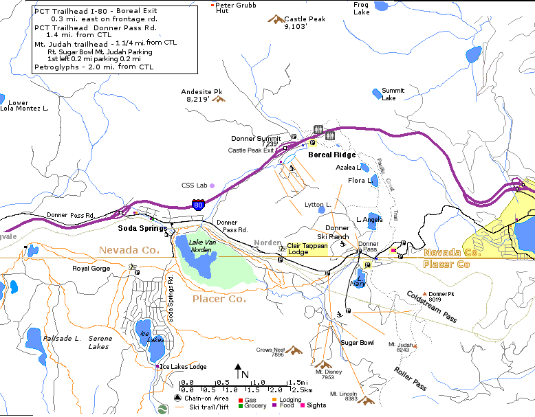 Donner Lake, Flora Lake, Mt. Judah, Donner Peak, Summit Lake, Soda Springs, Norden, Sugar Bowl
