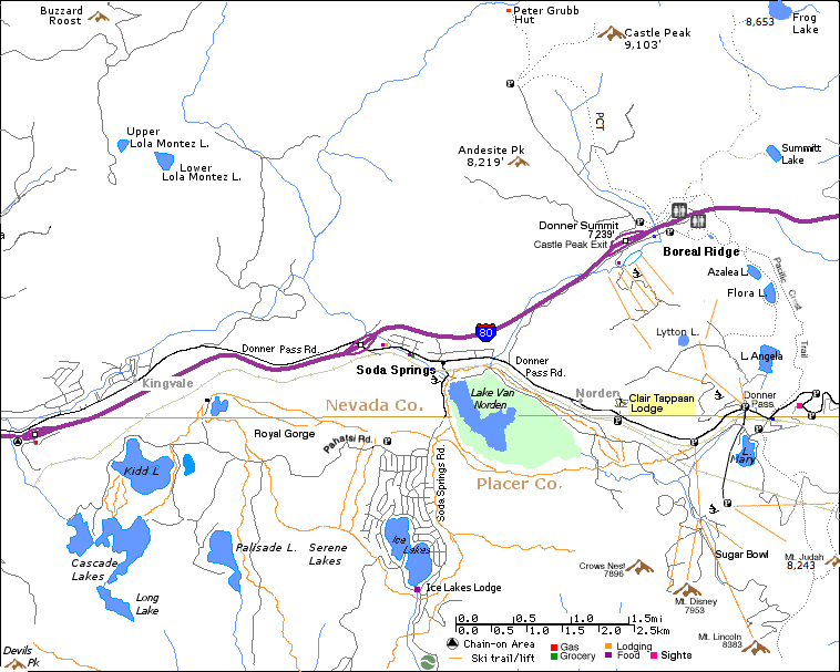 Donner Lake, Flora Lake, Mt. Judah, Donner Peak, Summit Lake, Soda Springs, Norden, Sugar Bowl